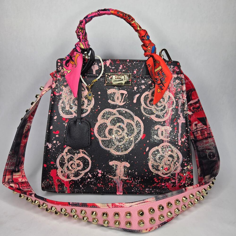 NEW Anca Barbu Black Pink Roses Splatter Tote Handbag Purse Handpainted